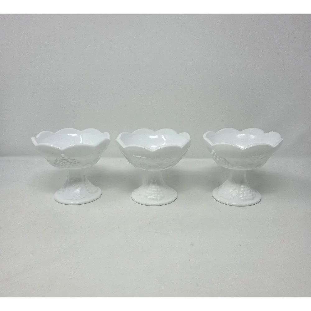 Vintage Indiana Colony Harvest Grape Milk Glass Footed Candle Holders Set 3